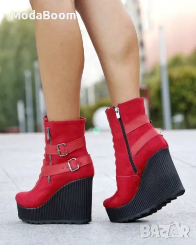 Червен боти на платформа - Велур, снимка 2 - Дамски боти - 48662830