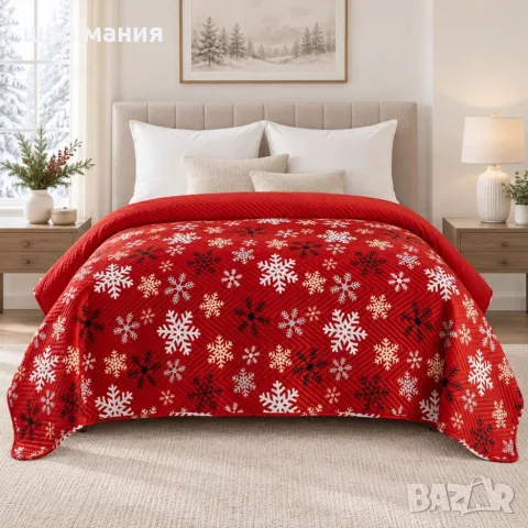 Червена капитонирана кувертюра за легло със снежинки 170 x 210 см