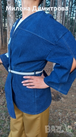 Дамско кимоно от рециклиран деним и рисувана Гинко Билоба , снимка 9 - Сака - 48851511