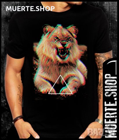 Черна тениска с щампа 3D LION TRIANGLE