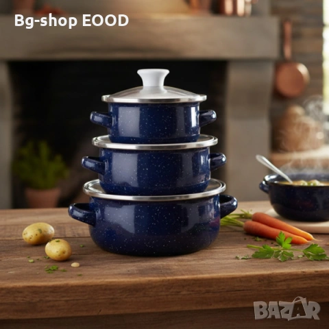 ПРОМО!! Комплект от 3 броя Емайлирани Тенджери + Стъклени Капаци, снимка 4 - Съдове за готвене - 53743726