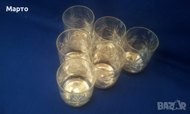 Руски ракиени кристални чашки с метално дъно, ръчна гравюра, снимка 3 - Чаши - 36167173