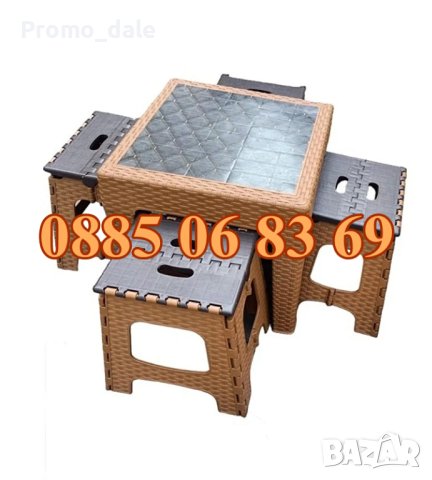 Сгъваема къмпинг маса с 4 стола, ратанова маса за къмпинг с 4 бр. столчета, снимка 1 - Къмпинг мебели - 42353418