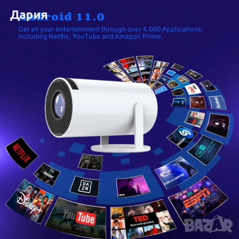 Преносим мини проектор,Android 11,HDMI връзка,USB,AV, Audio jack3.5mm,ротация на 180 градуса
