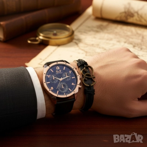 Мъжки часовник S&T Seek Time с кожена гривна – подаръчен комплект, снимка 4 - Бижутерийни комплекти - 51947415