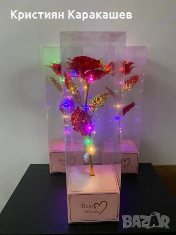 ВИСОКА 40СМ!Златна роза Golden Rose 24k Rainbow, LED Лента, Светеща, Кутия, снимка 5 - Декорация за дома - 53430012