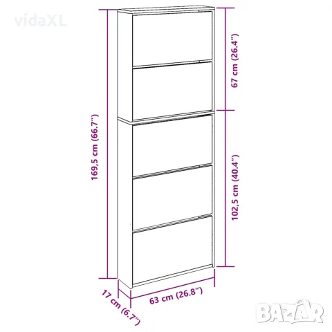 vidaXL Шкаф за обувки с огледало, 5 нива, кафяв дъб, 63x17x169,5 см, снимка 10 - Шкафове - 56146829