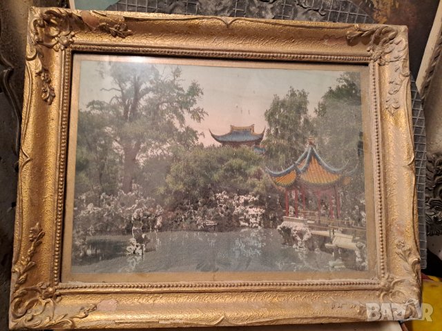 Стара картина пейзаж в стъклена рамка, снимка 2 - Картини - 42735315