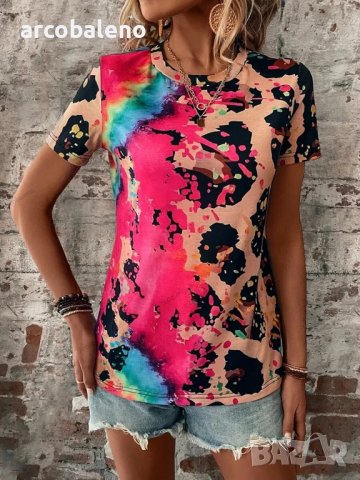 Дамска тениска с кръгло деколте и къс ръкав с леопардов принт, 4цвята , снимка 18 - Тениски - 41497389