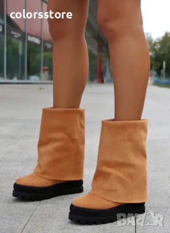 Боти на платформа - кафяв велур с черно ходило - BP22