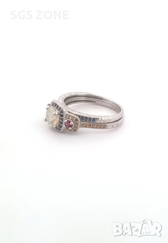 СРЕБЪРЕН ДВОЕН ПРЪСТЕН С ЦЕНТРАЛЕН ОПАЛ И САПФИРИ. , снимка 4 - Пръстени - 52402004
