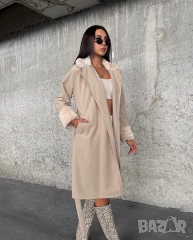 Зимно палто с колан и пух по ръкавите и яката , снимка 4 - Палта, манта - 50452546