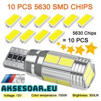 2 бр. T10 W5W LED лед крушка диодни светлини за интериора на автомобила 12V 10SMD 7000K Супер ярки б, снимка 1 - Аксесоари и консумативи - 42270251