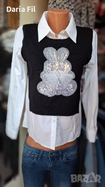 УНИКАЛНА черна блуза  - имитация на риза с пуловер върху нея , снимка 1