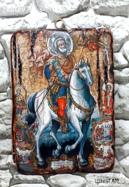 икона Свети Мина на кон със светци 21/15 см - УНИКАТ, декупаж, снимка 1