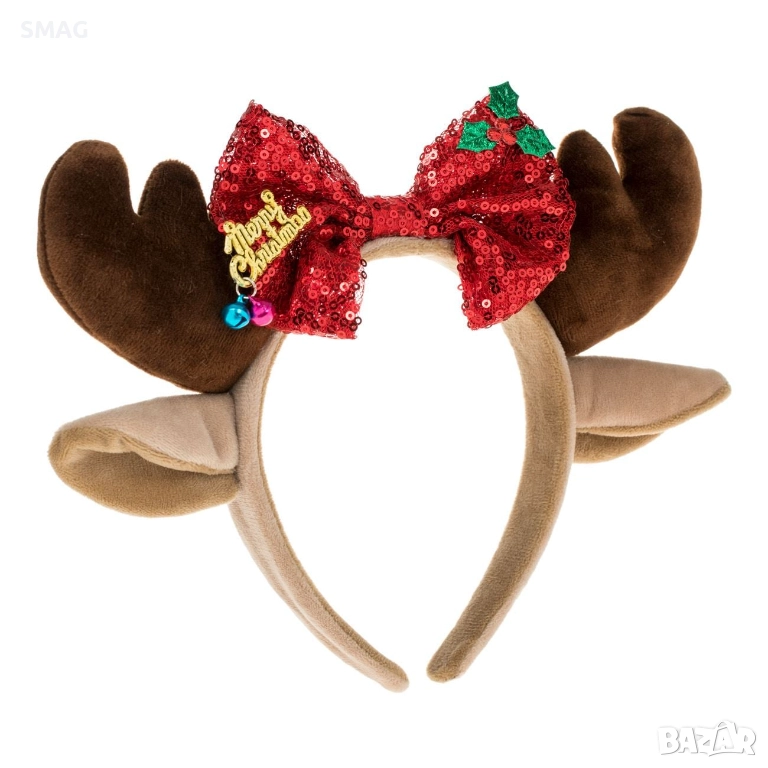 Коледни еленски рога червени с панделка и пайети_1227260, снимка 1
