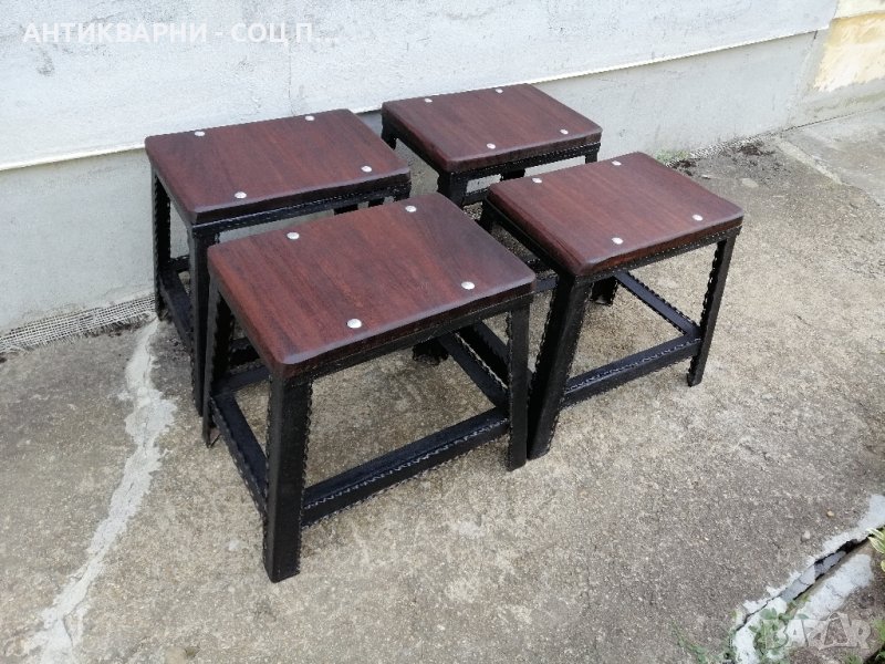 Комплект Стари Метални Табуретки, Столчета, Стара Метална Табуретка, Столче, Черешово Дърво. , снимка 1