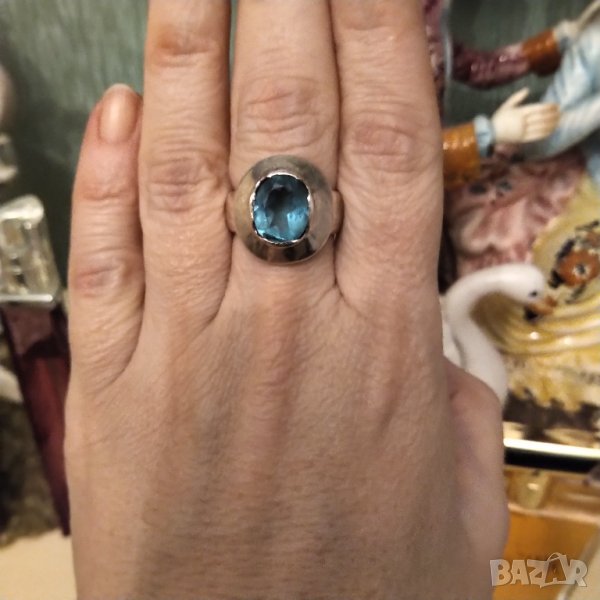 Масивен сребърен пръстен ръчна изработка естествен син топаз 950, снимка 1