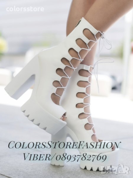 Летни боти на ток - бяла кожа - 101, снимка 1