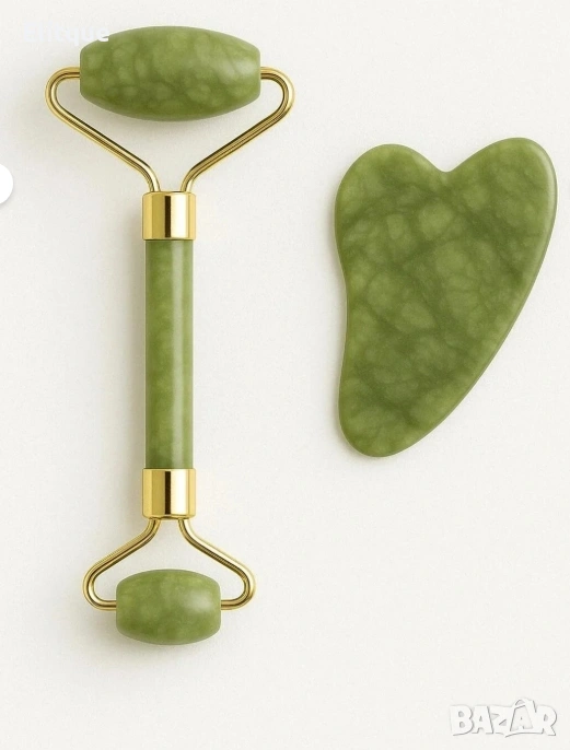 Нефритен масажор за лице с 2 ролки, в комплект с плосък нефритен камък  TV645, снимка 1