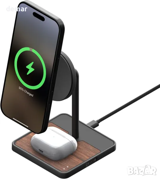 Mous Стойка - безжично зарядно 2 в 1, 15W Qi2, Съвместим с MagSafe, снимка 1