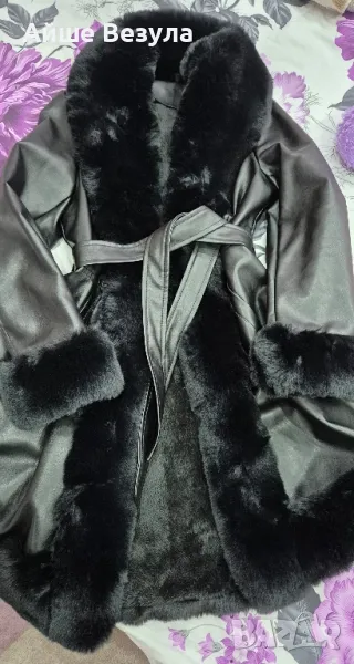 Дамско кожено яке, естествена кожа с богат еко пух. Размер L, снимка 1