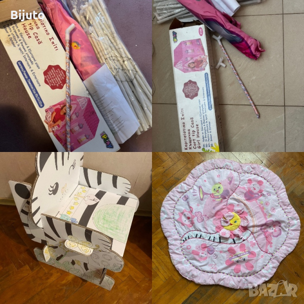 Платнена къщичка сгъваема,килимче и картонен стол, снимка 1