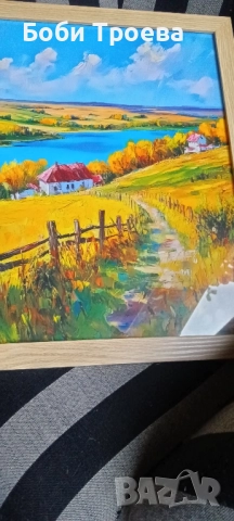 Есенно Селско Платно за Стена 30см.x 40см.- Живописен Есенен Пейзаж с Къща ,Златни Дървета , снимка 4 - Картини - 51974573