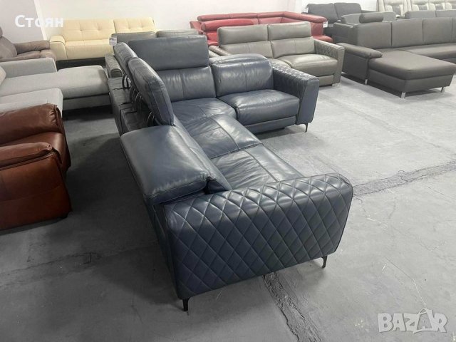 Син ъглов кожен диван с електрически релаксиращ механизъм, снимка 7 - Дивани и мека мебел - 39711931
