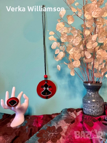  Червен комплект голямо колие с пръстен от кожа и авторско стъкло модел 68, снимка 2 - Бижутерийни комплекти - 52574167