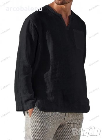 Мъжка ежедневна плажна риза с V-образно деколте и дълги ръкави, 6цвята - 024, снимка 3 - Ризи - 39731757