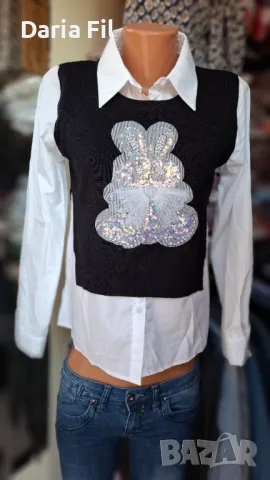 УНИКАЛНА черна блуза  - имитация на риза с пуловер върху нея 