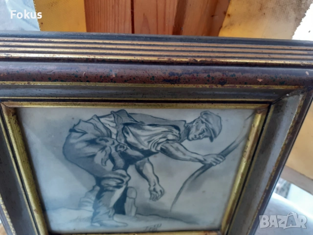 Стара картина рисунка подпис хубава дървена рамка, снимка 3 - Антикварни и старинни предмети - 53431456