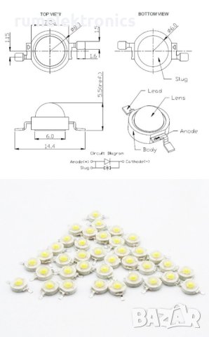 Студено бели светодиоди 3V 1W, снимка 2 - Друга електроника - 40979635