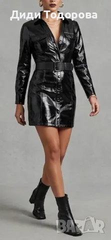 Ефектна черна лачена рокля-риза ZARA