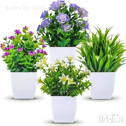 Мини изкуствени растения Комплект от 4 декоративни пластмасови саксии, снимка 1