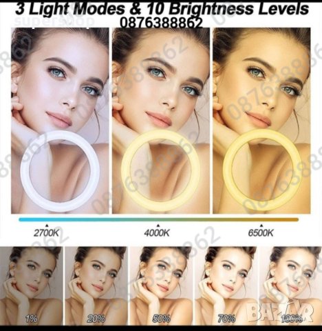 Професионална LED РИНГ Лампа 48см с Трипод, 3 Стойки за Телефон и Дистанционно, снимка 7 - Светкавици, студийно осветление - 41841830