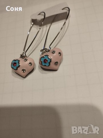 Обици, обеци розови сърца  с камъни, снимка 5 - Обеци - 40315259