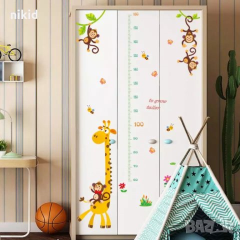 Жираф и маймунки на клон метър за стена и мебел детска стая лепенка стикер самозалепващ, снимка 5 - Други - 34817973