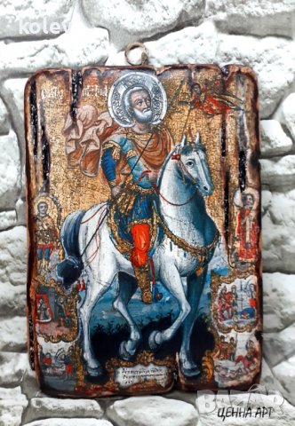 икона Свети Мина на кон със светци 21/15 см - УНИКАТ, декупаж, снимка 1 - Икони - 32580706
