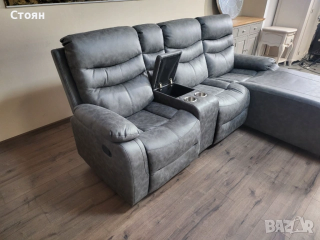 Сив ъглов диван от плат с лежанка с ръчен релаксиращ механизъм, снимка 10 - Дивани и мека мебел - 53693611