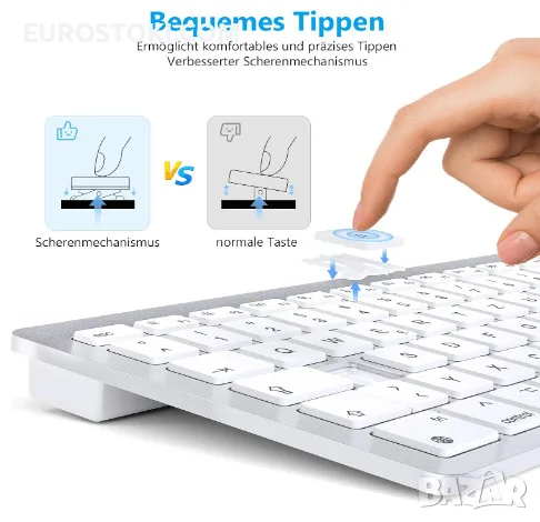 Bluetooth клавиатура OMOTON KB066 за Mac и др., компактна безжична клавиатура, цвят: сребристо/бяло , снимка 5 - Клавиатури и мишки - 56108890