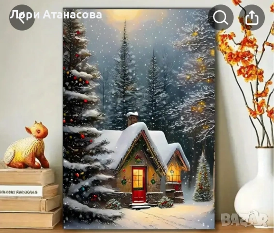 Платно с топла зимна къща в снежна гора, украсена с празнични светлини и червена врата., снимка 4 - Картини - 53090156