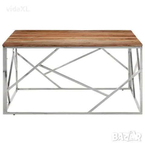 vidaXL Кафе маса, сребриста, неръждаема стомана и акациево дърво масив（SKU: 349959）, снимка 2 - Маси - 56135307