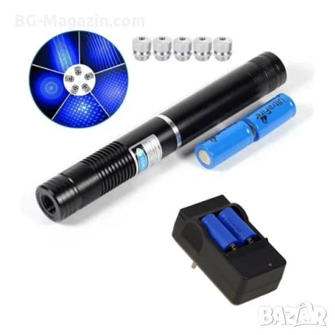 Мощен акумулаторен син лазер 5000mW пойнтер горящ палещ клечка кибрит пука балон батерии 16340, снимка 6 - Друга електроника - 51040617