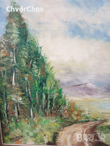 Herman 108х69см/стара голяма картина масло върху платно/пейзаж/къща-път-гора/дървена рамка, снимка 4 - Картини - 50703245