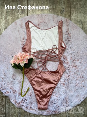 Нов розов бански висока талия  пепел от рози хигиенна лепенка XL 2XL , снимка 4 - Бански костюми - 41322430