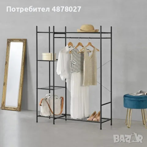 Метален гардероб-органайзер с релса за дрехи, 4 рафта и място за обувки – 150x110x40 см, черен, снимка 8 - Гардероби - 55787934