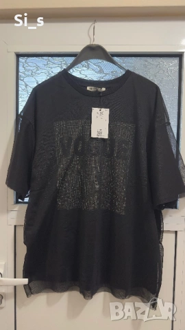 Нова черна блузка с камъни и тюл Л размер, снимка 2 - Тениски - 53271249