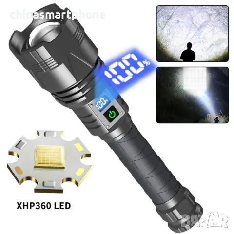 Супер мощен фенер с XHP360 LED 15000LM – Акумулаторен прожектор за лов, риболов и къмпинг, снимка 2 - Екипировка - 48875288